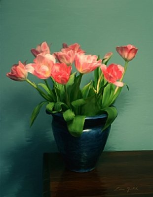 Louisa Gould  - Pink Tulips and Blue Vase