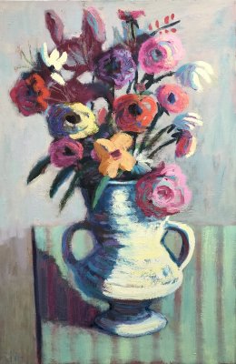 Fran Dropkin - Flowers with Striped Tablecloth
