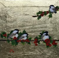 4 Chickadees on a Holly Bush