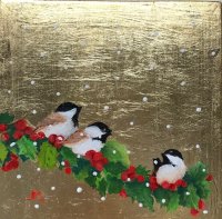 Three Chickadee's on a Red Berry Branch