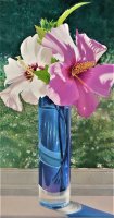 Roses of Sharon in Cobalt Vase