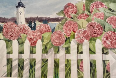 John Holladay - Edgartown Light and Hydrangeas