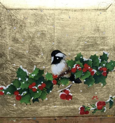 Sally Martone - Chickadee on Holly Bush with Snow