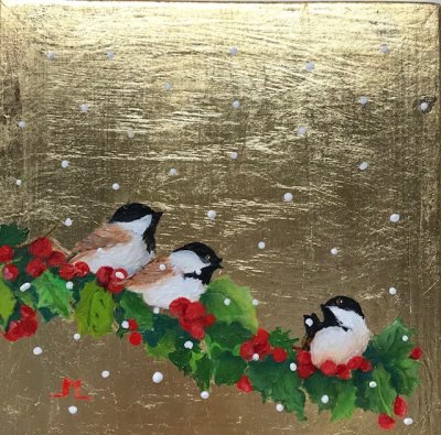 Sally Martone - Three Chickadee's on a Red Berry Branch