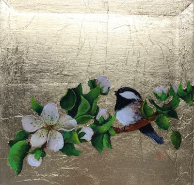 Sally Martone - Chickadee with White Flowers