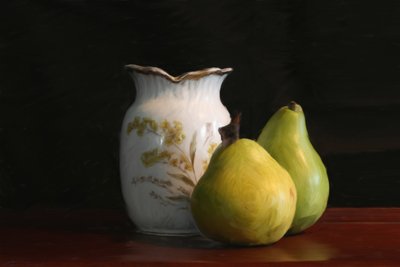 Louisa Gould - White Vase and two Pears